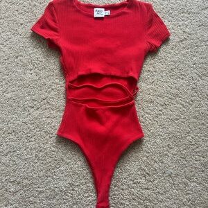 Princess Polly Red Ribbed Bodysuit with Ruched Waist
